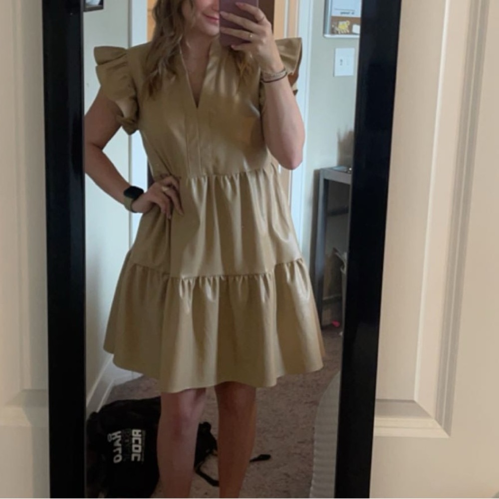 Tan Ruffle Sleeve Dress